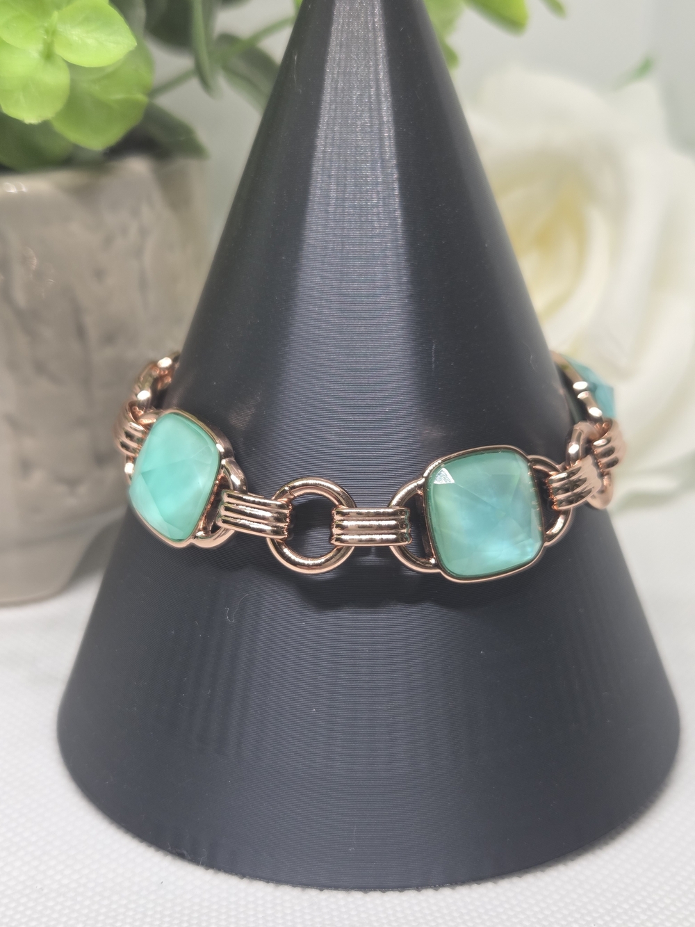 BP Rose Gold Link Bracelet with Turquoise-Green Crystals
